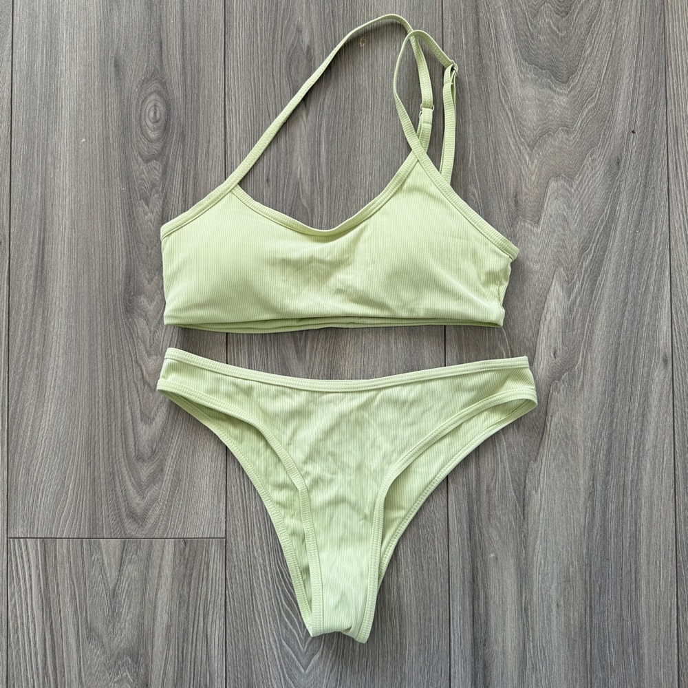 Zaful One Shoulder Strappy Asymmetrical Ribbed Bikini Pastel Sage Green S
